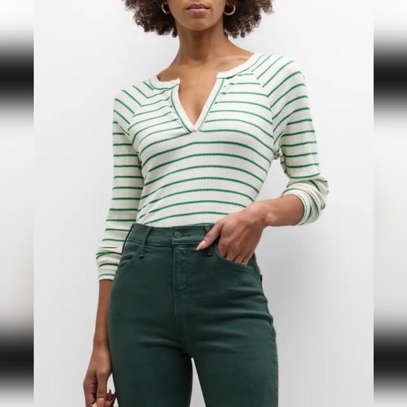 Mother Split Varsity High Road Long Sleeve Striped T-shirt In Cream/Green Medium